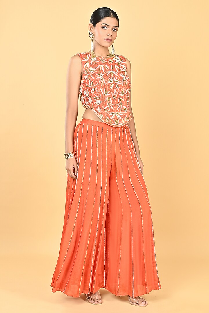 Rust Orange Chiffon Crepe Cutwork Embroidered Palazzo Pant Set by Keith Gomes at Pernia's Pop Up Shop