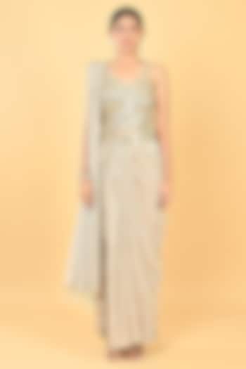 Gold Crush Zari Silk Chiffon Embroidered Draped Wedding Saree Set by Keith Gomes at Pernia's Pop Up Shop