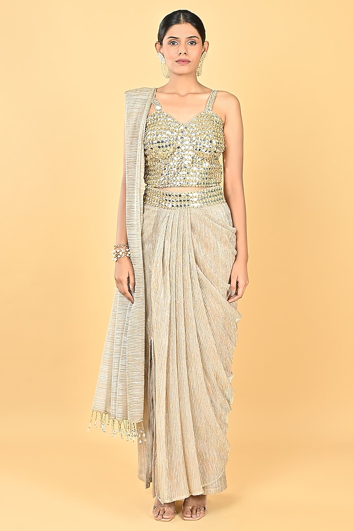 Gold Crush Zari Silk Chiffon Embroidered Draped Wedding Saree Set by Keith Gomes at Pernia's Pop Up Shop