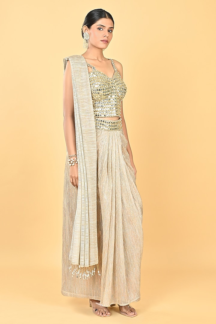 Gold Crush Zari Silk Chiffon Embroidered Draped Wedding Saree Set by Keith Gomes at Pernia's Pop Up Shop