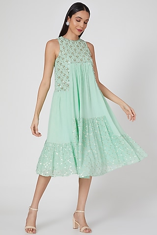Sky Blue Embroidered Tiered Dress by Keith Gomes