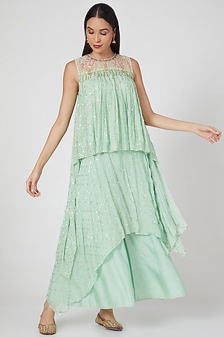 Sky Blue Embroidered Pleated Tunic Set by Keith Gomes