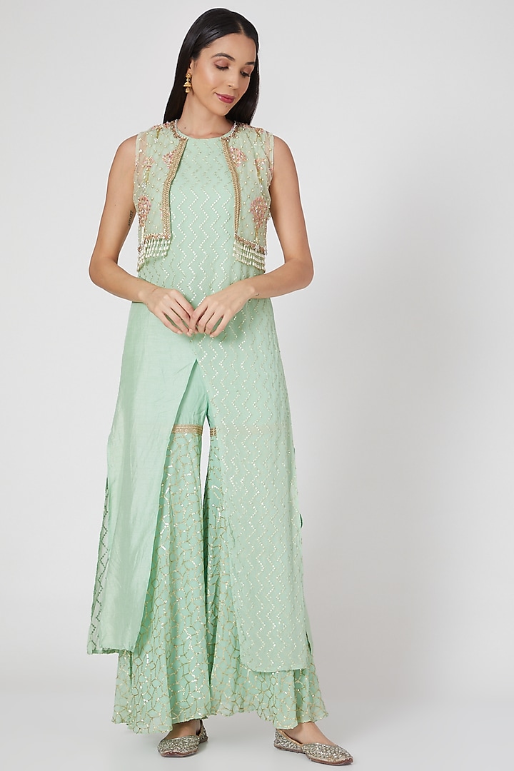 Sky Blue Sharara Set With Embroidered Shrug by Keith Gomes