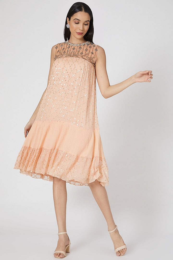 Peach Embroidered Tiered Dress by Keith Gomes