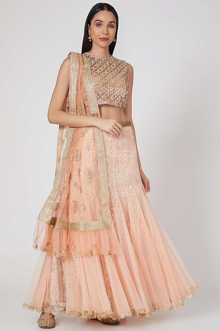 Peach Embroidered Skirt Set by Keith Gomes