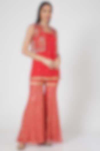 Red Embroidered Sharara Set by Keith Gomes