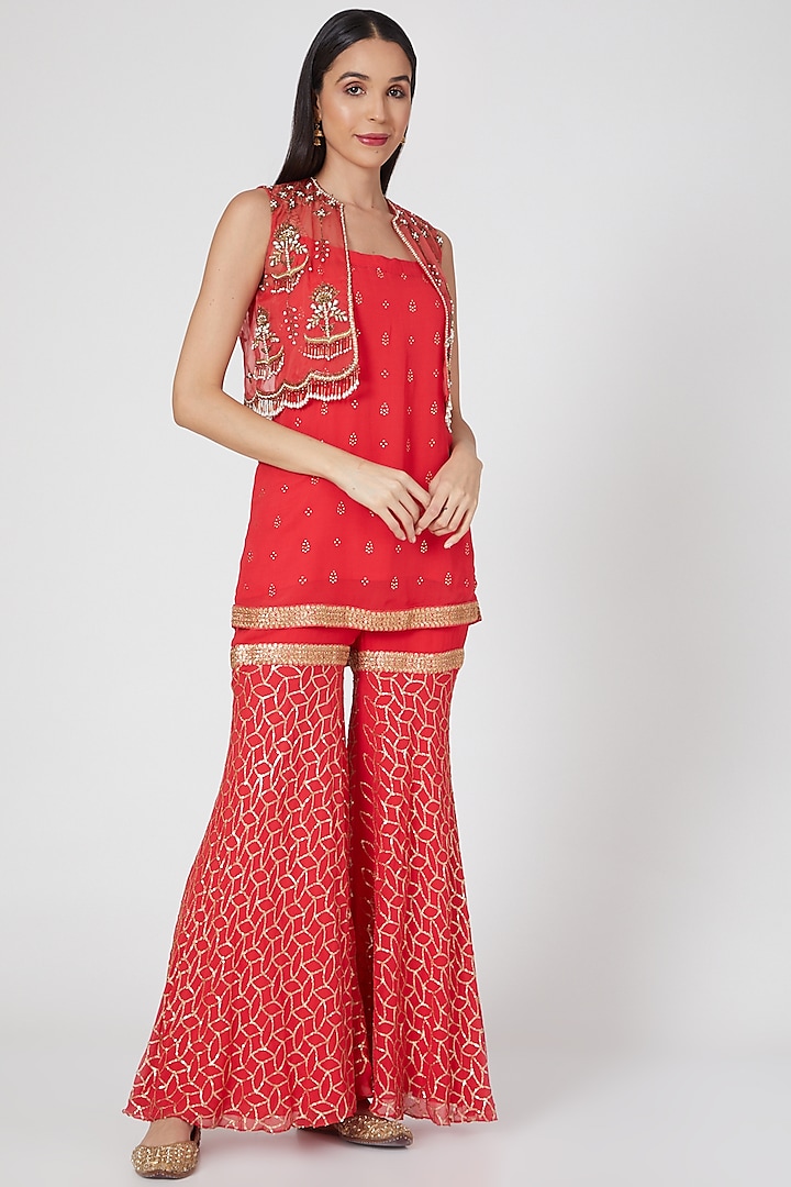 Red Embroidered Sharara Set by Keith Gomes