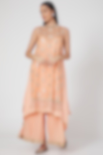 Peach Embroidered Palazzo Pant Set by Keith Gomes