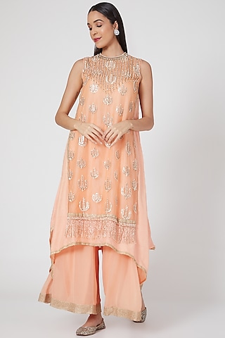Peach Embroidered Palazzo Pant Set by Keith Gomes