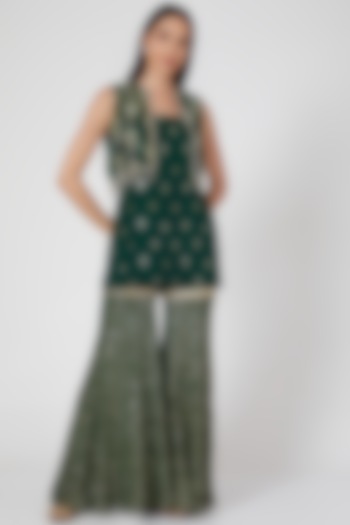 Emerald Green Embroidered Sharara Set by Keith Gomes