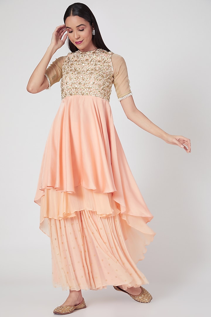 Peach Embroidered High-Low Sharara Set by Keith Gomes