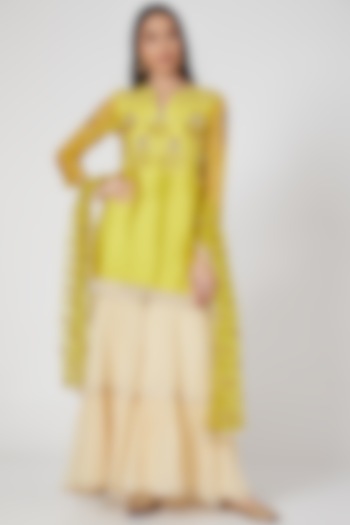 Beige Sharara Set With Hand Embroidered Tunic by Keith Gomes