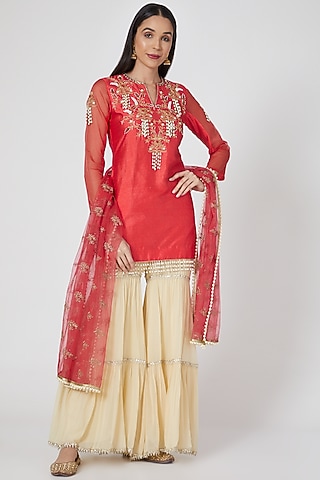 Beige Georgette & Silk Sharara Set by Keith Gomes