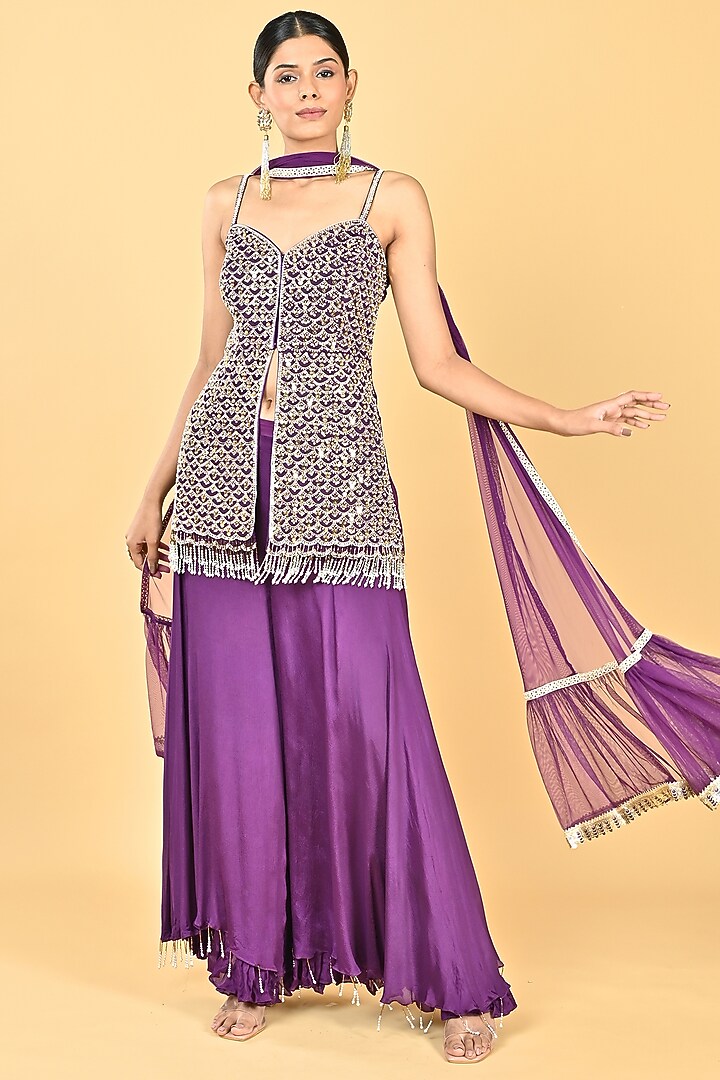 Purple Chiffon Crepe Sequins Embroidered Tunic Set by Keith Gomes at Pernia's Pop Up Shop