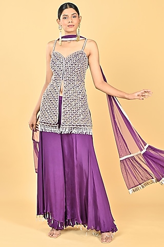 Purple Chiffon Crepe Sequins Embroidered Tunic Set by Keith Gomes