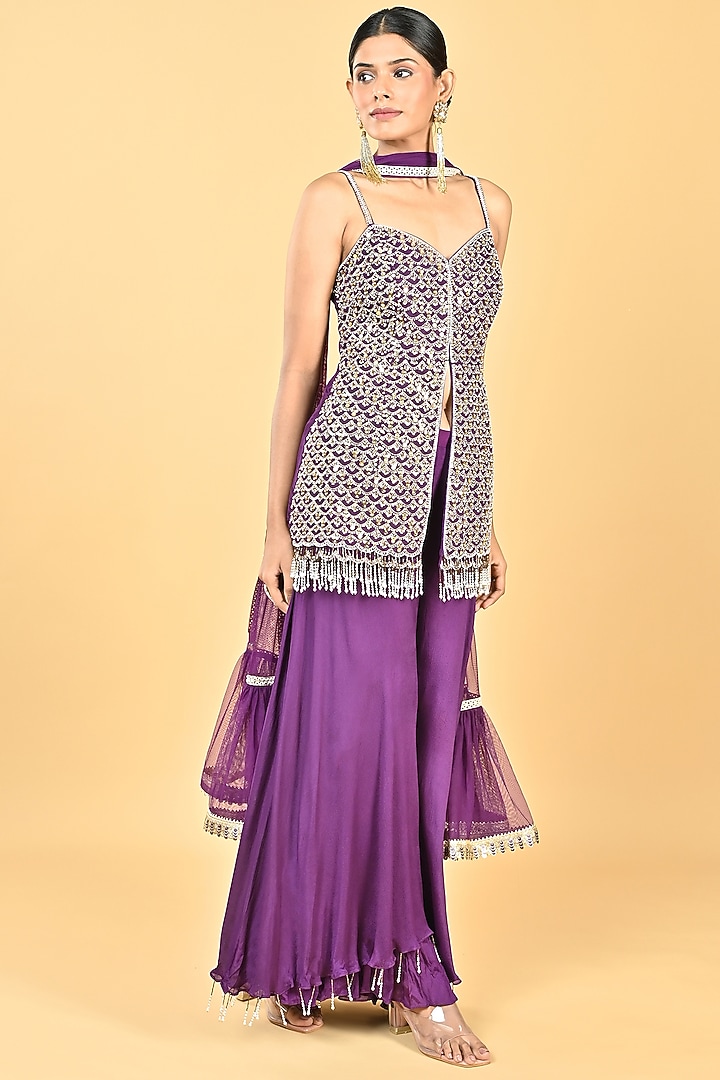 Purple Chiffon Crepe Sequins Embroidered Tunic Set by Keith Gomes at Pernia's Pop Up Shop