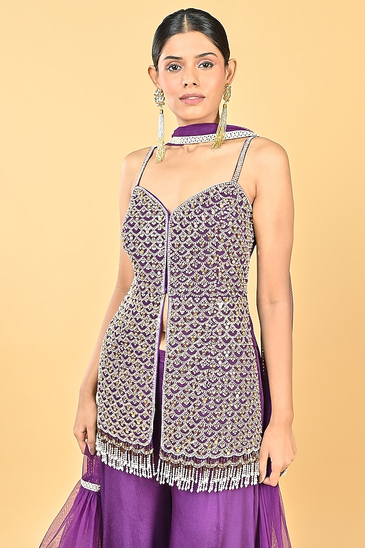 Purple Chiffon Crepe Sequins Embroidered Tunic Set by Keith Gomes at Pernia's Pop Up Shop