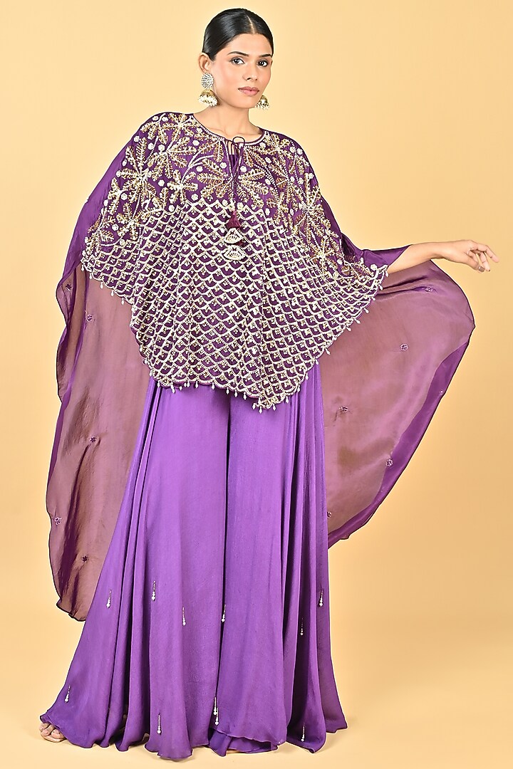 Purple Organza Sequins Embroidered Cape Set by Keith Gomes at Pernia's Pop Up Shop