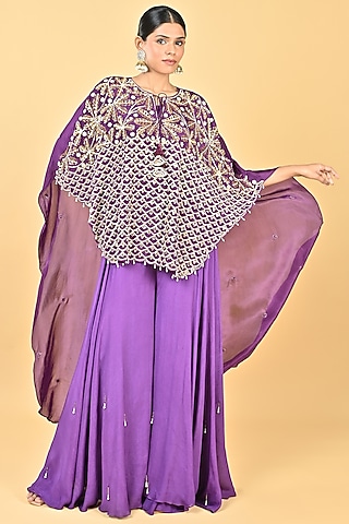 Purple Organza Sequins Embroidered Cape Set by Keith Gomes