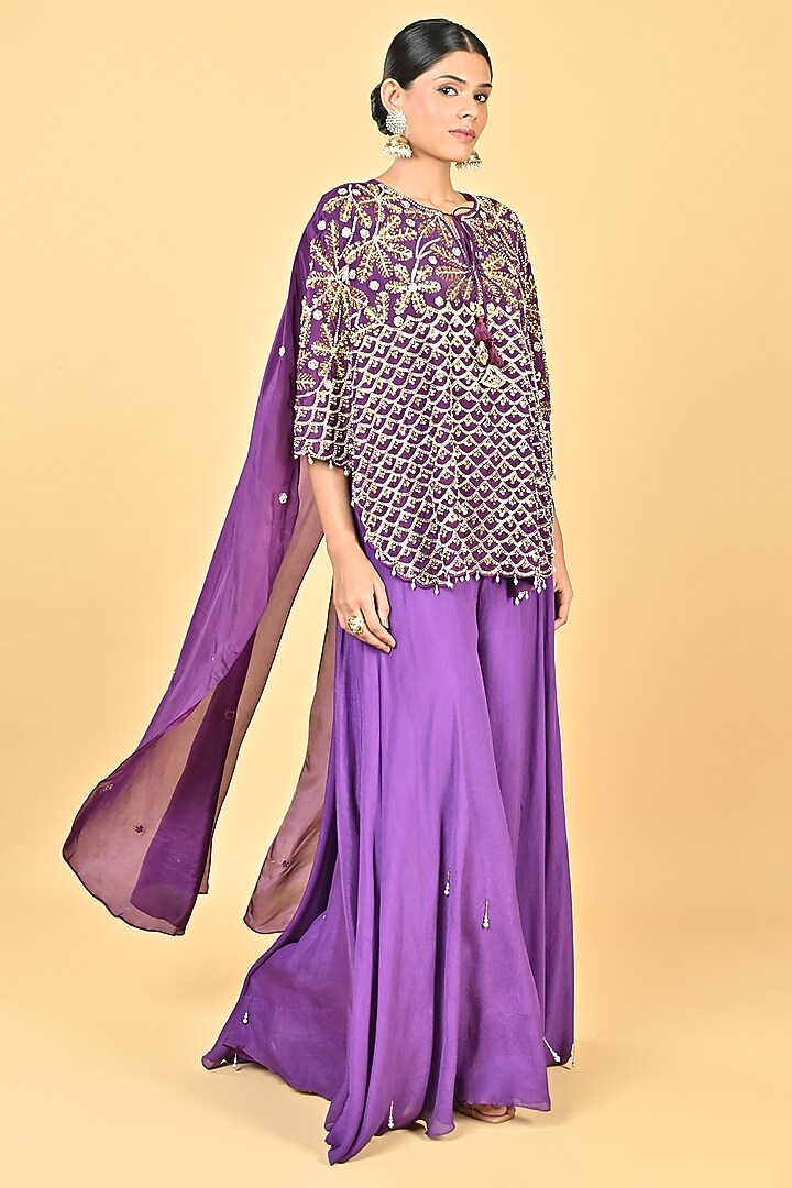 Purple Organza Sequins Embroidered Cape Set by Keith Gomes at Pernia's Pop Up Shop