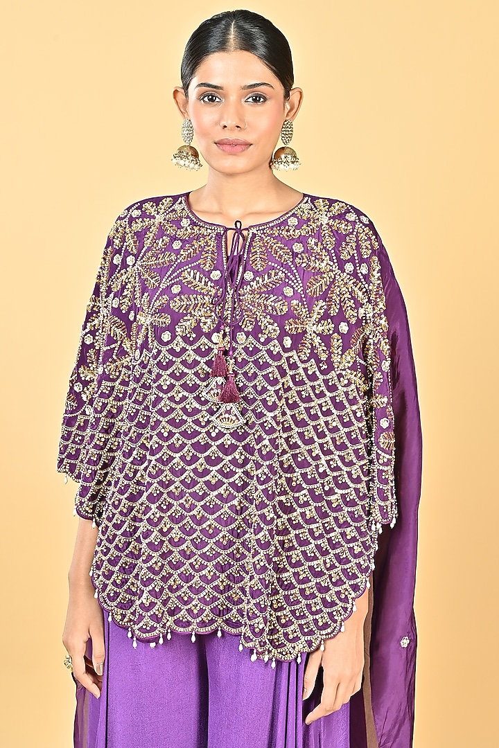 Purple Organza Sequins Embroidered Cape Set by Keith Gomes at Pernia's Pop Up Shop