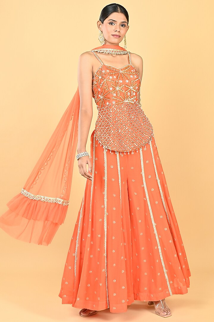 Orange Georgette Sequins Embroidered Tunic Set by Keith Gomes at Pernia's Pop Up Shop