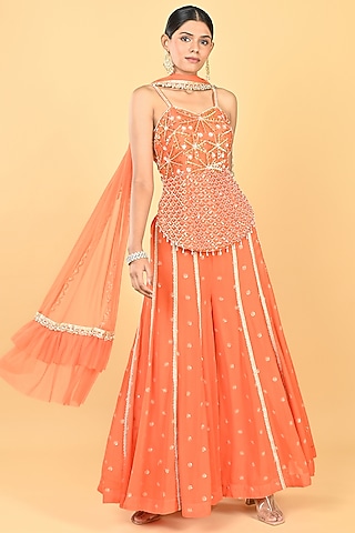 Orange Georgette Sequins Embroidered Tunic Set by Keith Gomes