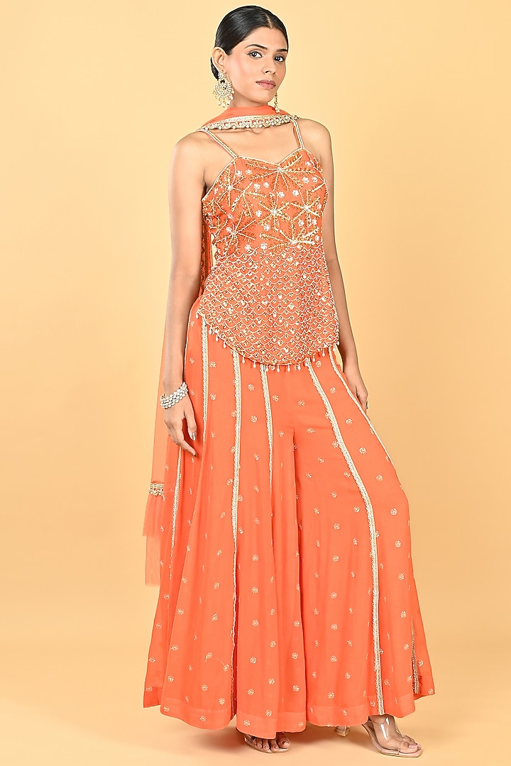 Orange Georgette Sequins Embroidered Tunic Set by Keith Gomes at Pernia's Pop Up Shop