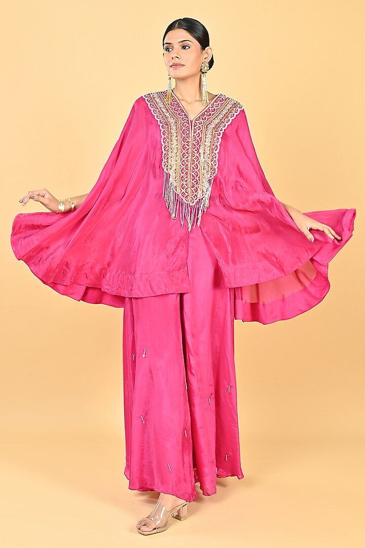 Pink Silk Organza Sequins Embroidered Cape Set by Keith Gomes at Pernia's Pop Up Shop