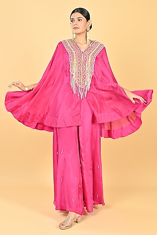 Pink Silk Organza Sequins Embroidered Cape Set by Keith Gomes