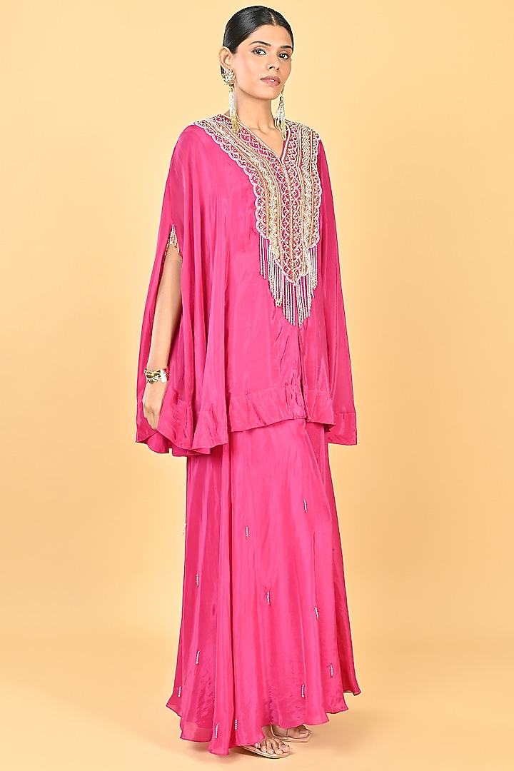 Pink Silk Organza Sequins Embroidered Cape Set by Keith Gomes at Pernia's Pop Up Shop