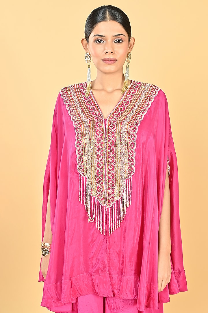 Pink Silk Organza Sequins Embroidered Cape Set by Keith Gomes at Pernia's Pop Up Shop