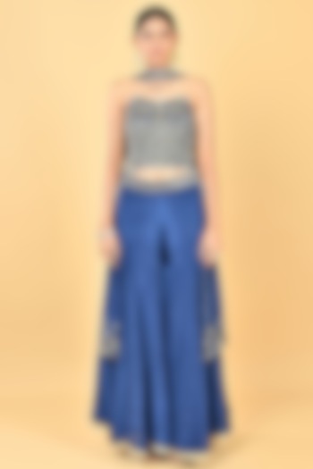 Navy Blue Glass Silk Organza Palazzo Set by Keith Gomes at Pernia's Pop Up Shop