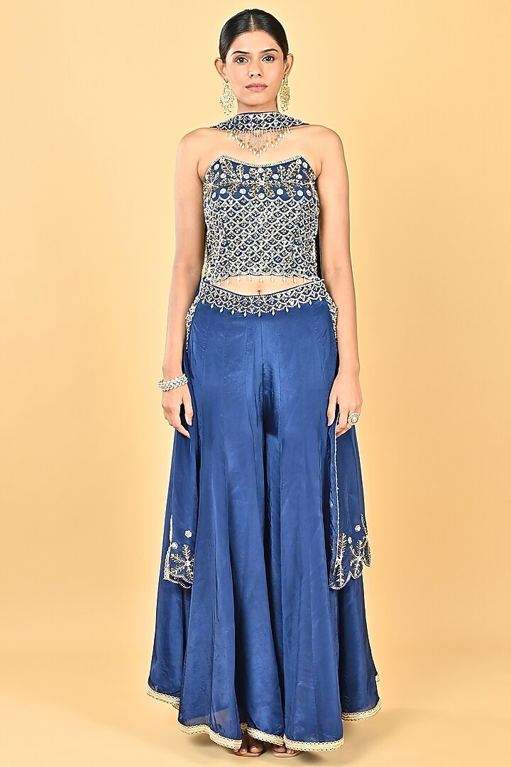 Navy Blue Glass Silk Organza Palazzo Set by Keith Gomes at Pernia's Pop Up Shop