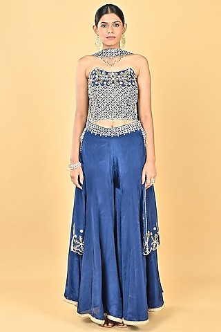 Navy Blue Glass Silk Organza Palazzo Set by Keith Gomes