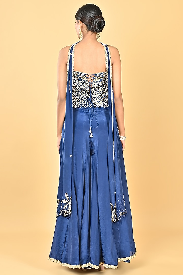 Navy Blue Glass Silk Organza Palazzo Set by Keith Gomes at Pernia's Pop Up Shop