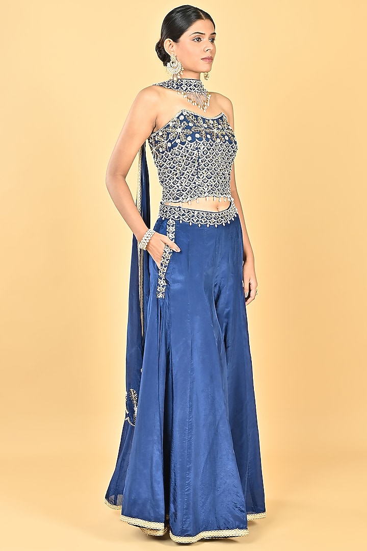 Navy Blue Glass Silk Organza Palazzo Set by Keith Gomes at Pernia's Pop Up Shop