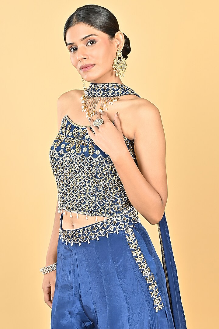 Navy Blue Glass Silk Organza Palazzo Set by Keith Gomes at Pernia's Pop Up Shop