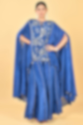 Navy Blue Glass Silk Organza Sequins Embroidered Cape Set by Keith Gomes at Pernia's Pop Up Shop