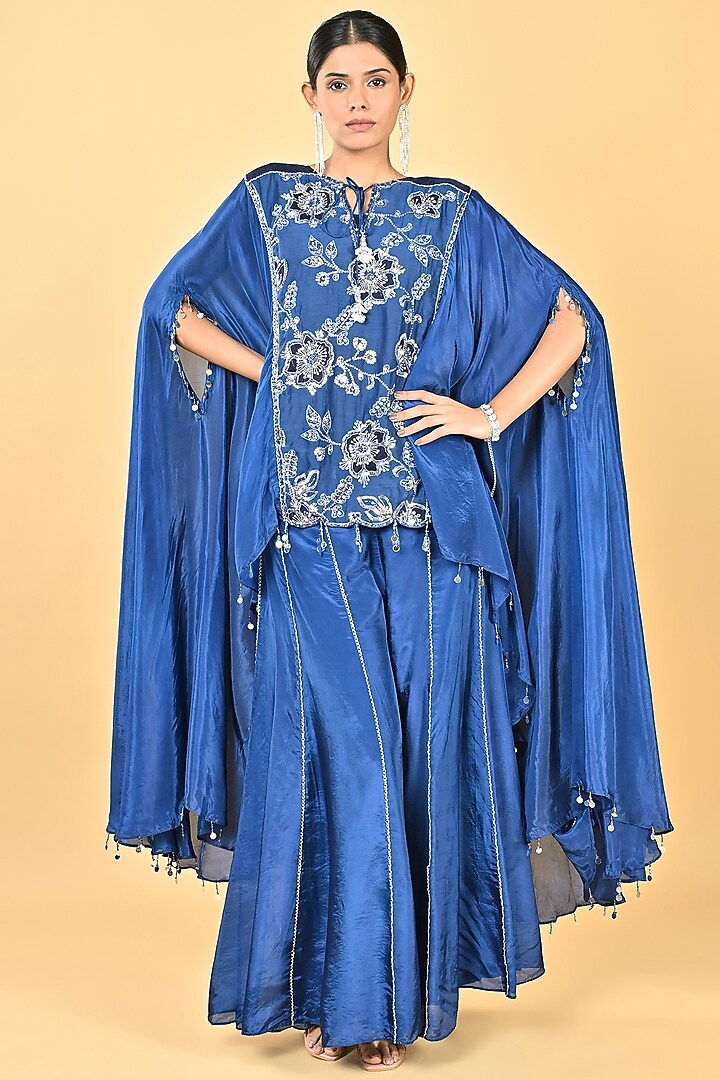 Navy Blue Glass Silk Organza Sequins Embroidered Cape Set by Keith Gomes at Pernia's Pop Up Shop