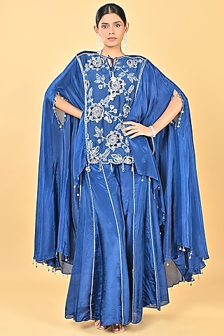 Navy Blue Glass Silk Organza Sequins Embroidered Cape Set by Keith Gomes