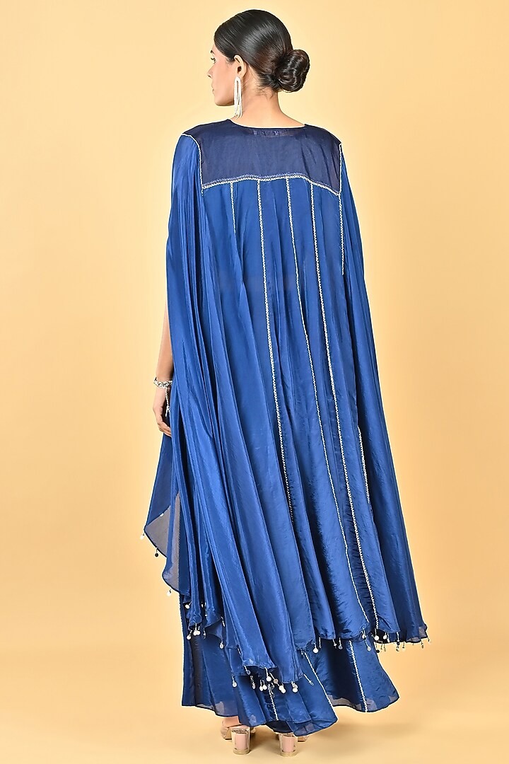 Navy Blue Glass Silk Organza Sequins Embroidered Cape Set by Keith Gomes at Pernia's Pop Up Shop