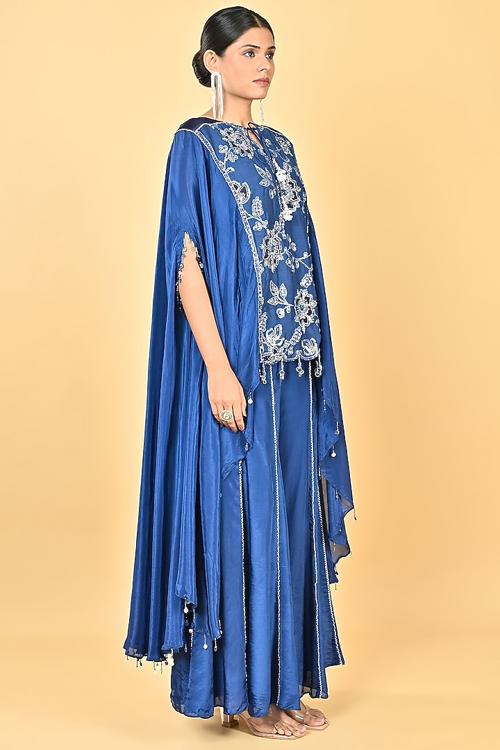 Navy Blue Glass Silk Organza Sequins Embroidered Cape Set by Keith Gomes at Pernia's Pop Up Shop