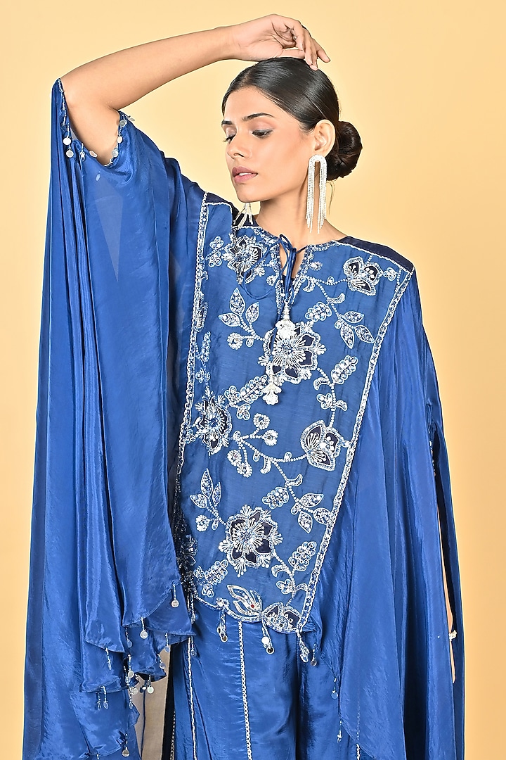 Navy Blue Glass Silk Organza Sequins Embroidered Cape Set by Keith Gomes at Pernia's Pop Up Shop