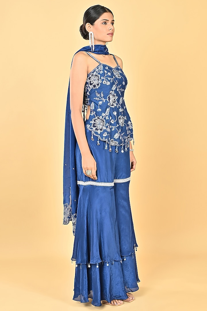 Navy Blue Glass Silk Organza Layered Gharara Set by Keith Gomes at Pernia's Pop Up Shop