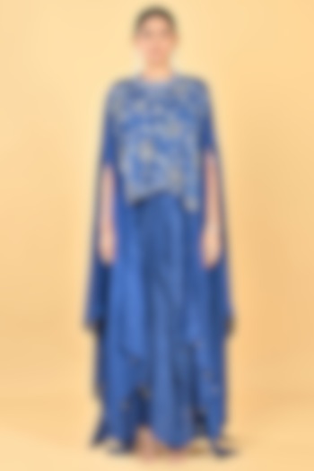 Navy Blue Glass Silk Organza Sequins Embroidered Cape Set by Keith Gomes at Pernia's Pop Up Shop