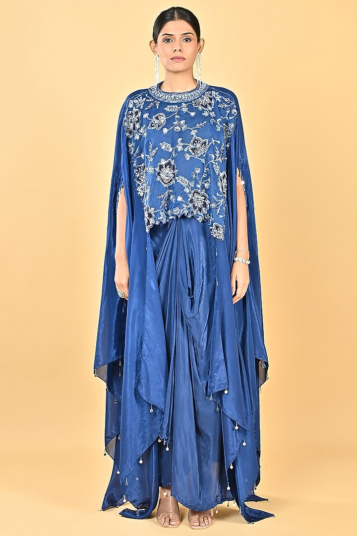 Navy Blue Glass Silk Organza Sequins Embroidered Cape Set by Keith Gomes at Pernia's Pop Up Shop