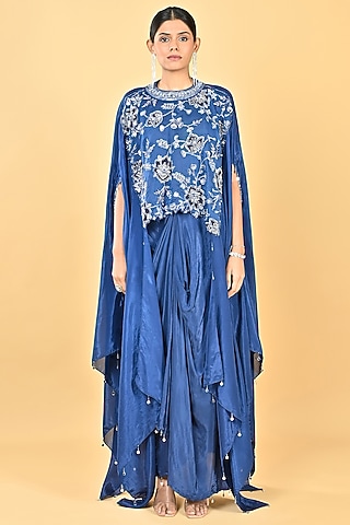 Navy Blue Glass Silk Organza Sequins Embroidered Cape Set by Keith Gomes