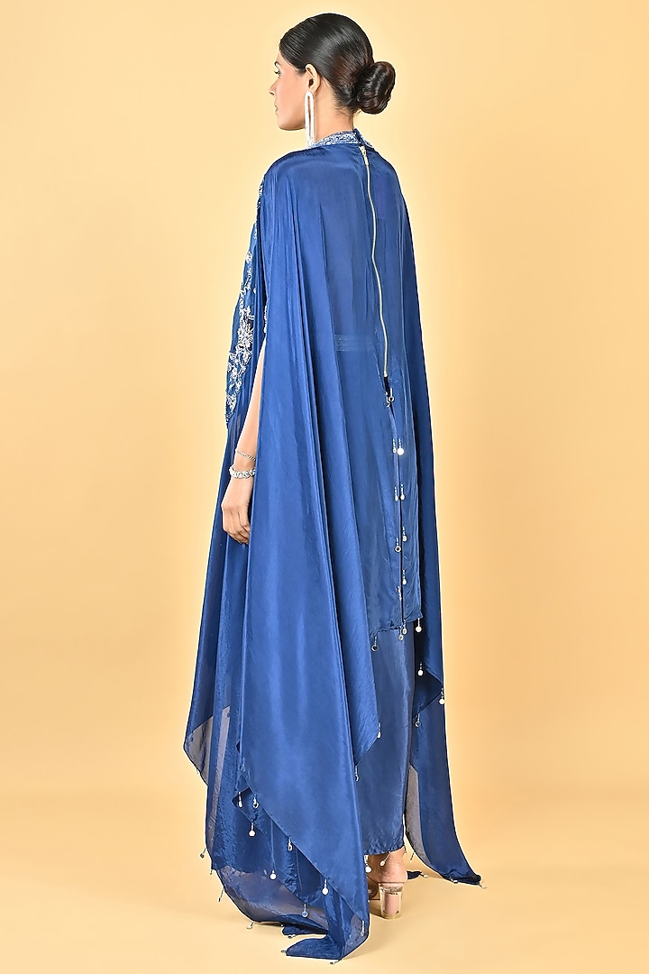 Navy Blue Glass Silk Organza Sequins Embroidered Cape Set by Keith Gomes at Pernia's Pop Up Shop