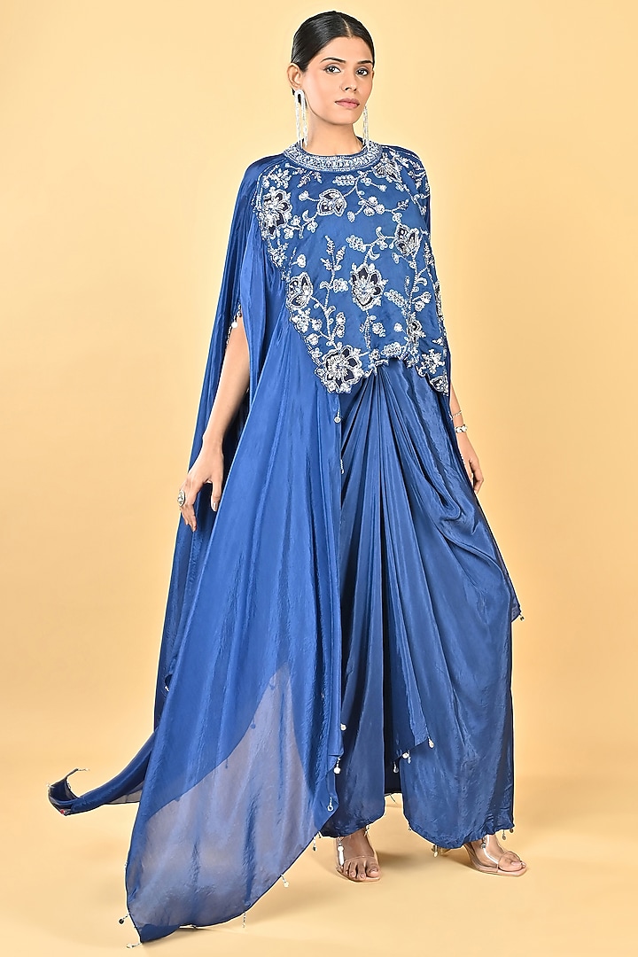 Navy Blue Glass Silk Organza Sequins Embroidered Cape Set by Keith Gomes at Pernia's Pop Up Shop